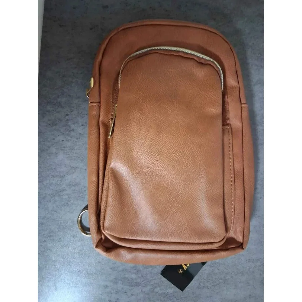 Meyfancy Vegan Leather Sling Bag Brown Crossbody Backpack Chevron Strap